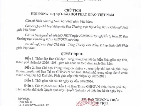 GHPGVN thành lập Ban Chỉ đạo Trung ương Đại hội Phật giáo cấp tỉnh, thành phố nhiệm kỳ 2026–2031